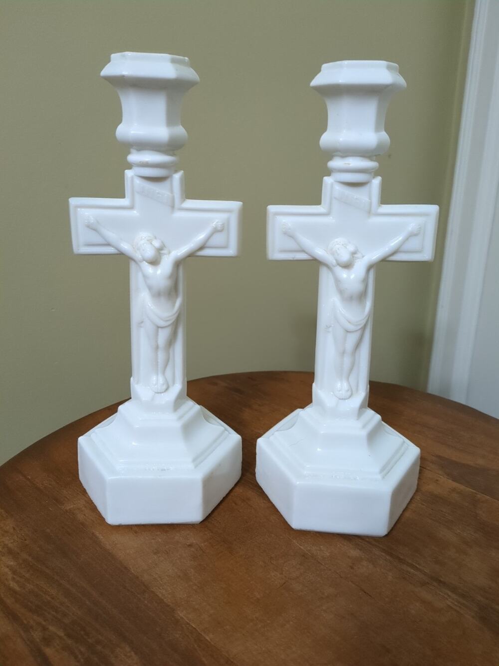 Rare Cambridge #3 Opal Crucifix Candlesticks.